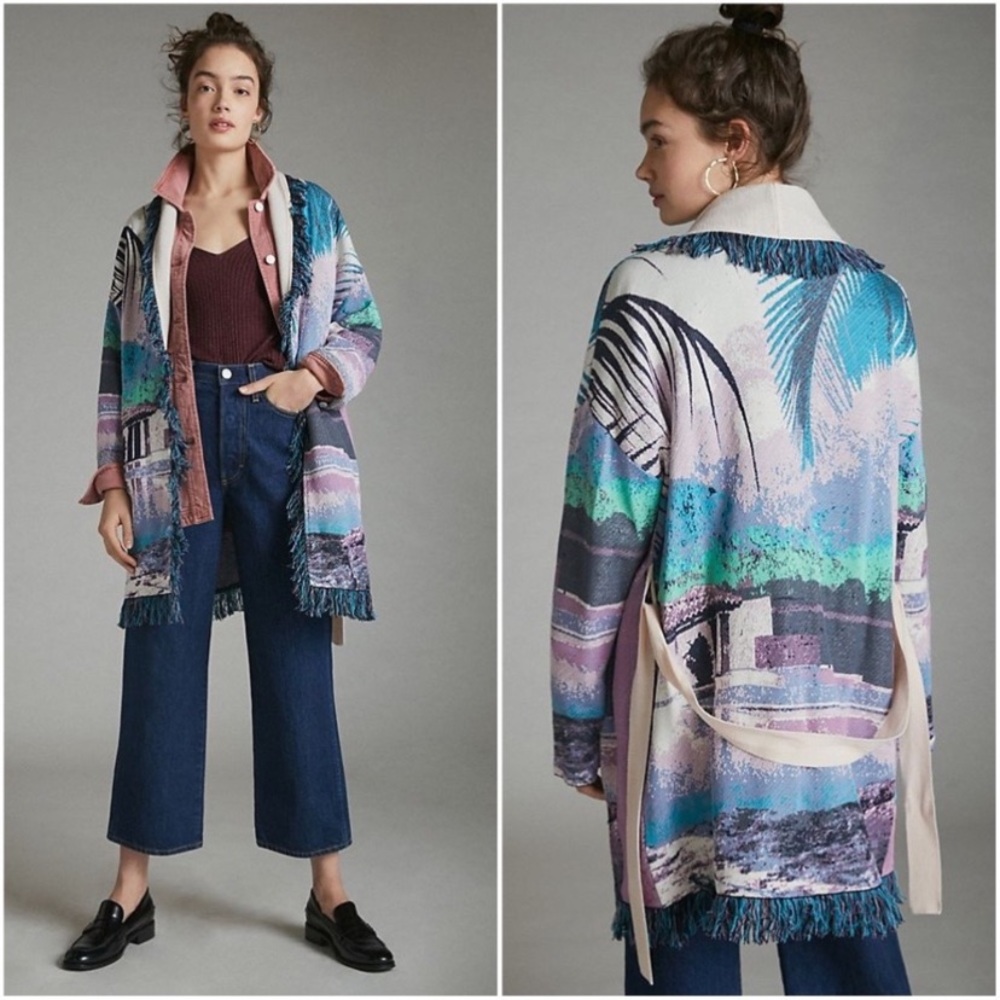 NWT Anthropologie Aldomartins Moira Fringed Cardigan $228 Purple Landscape